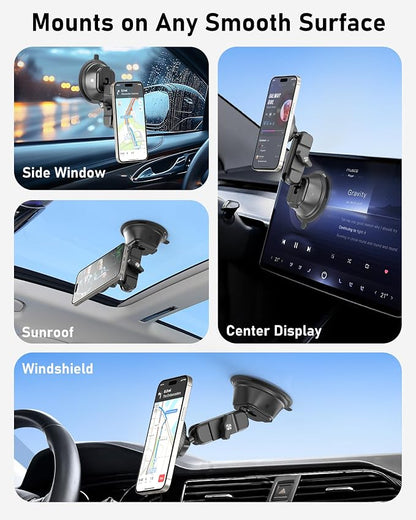 Magnetic Vacuum Suction Cup Phone Mount for Truck & Car, Heavy Duty Semi Truck Holder, 17x Strong Magnets, Adjustable Aluminum Arm Windshield Dashboard Window Mount for MagSafe iPhone 12–17 & Samsung