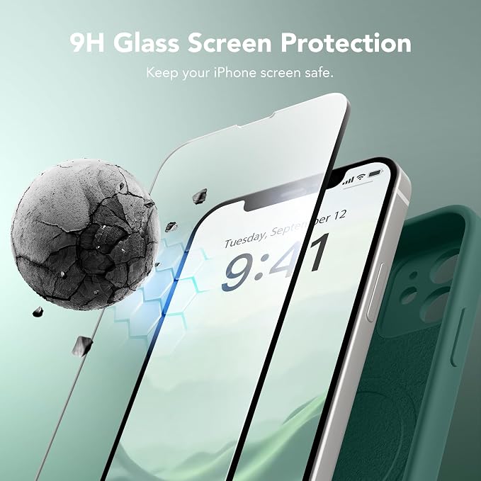 Magnetic for iPhone 12 Case, Compatible with MagSafe, [Full Camera Protection][Screen Protector] Silicone Shockproof Protective Phone Case for iPhone 12 6.1", Midnight Green