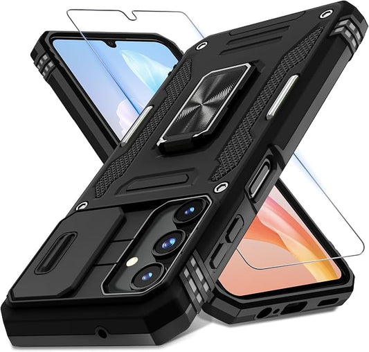 DEERLAMN Case for Samsung Galaxy A15 5G with Slide Camera Cover+Screen Protector (1 Pack), Rotated Ring Kickstand Military Grade Shockproof Protective Cover-Black