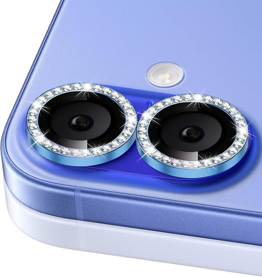 ShinKin Camera Lens Protector for iPhone 16/iPhone 16 Plus, Bling Glitter Camera Cover, 9H Tempered Glass Individual Metal Ring Camera Protector for iPhone 16/iPhone 16 Plus (Diamond - Blue)