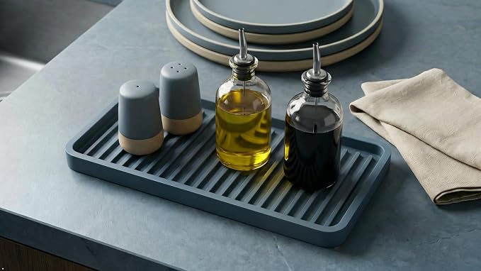 Happitasa Silicone Kitchen Sink Organizer Tray, Sponge Holder and Countertop Protector | Bathroom and Kitchen Soap Dish and Dispenser Tray (Smoky Blue, 10"x5.25", 10.4 Ounces)