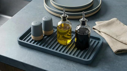 Happitasa Silicone Kitchen Sink Organizer Tray, Sponge Holder and Countertop Protector | Bathroom and Kitchen Soap Dish and Dispenser Tray (Smoky Blue, 10"x5.25", 10.4 Ounces)