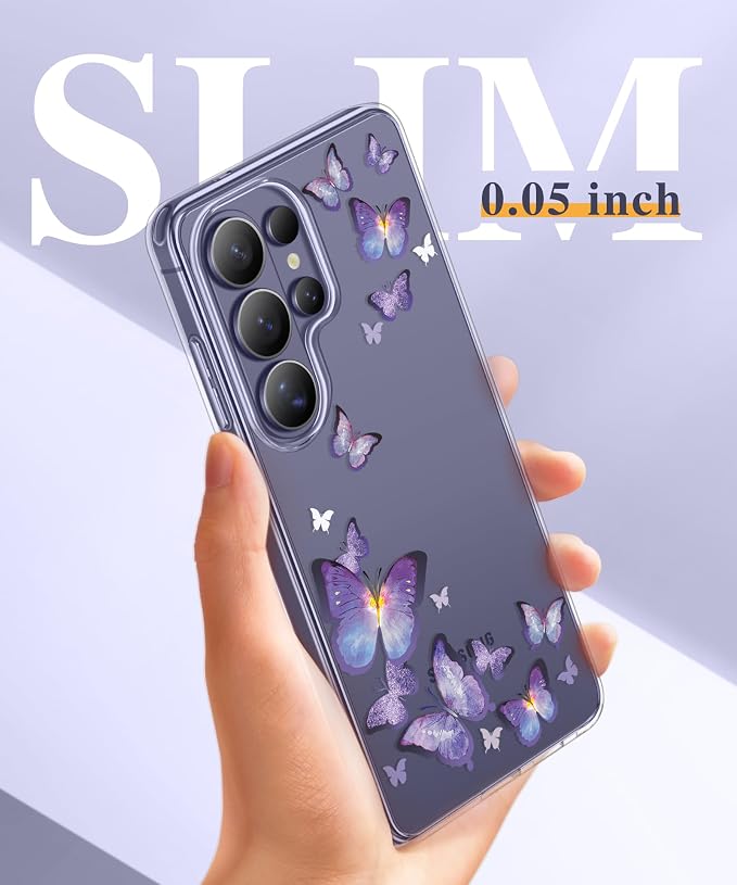 GVIEWIN Compatible with Samsung Galaxy S26 Ultra Case, Clear Floral Slim Shockproof Protective Women Phone Case, Non-Yellowing, with Screen Protector & Camera Lens Protector 6.9", Alluring Butterfly