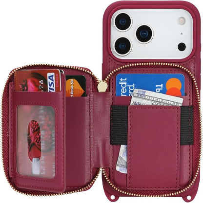 Crossbody Wallet Case for iPhone 17 Pro, PU Leather Zipper Handbag Purse Flip Cover, Kickstand Folio Case with Card Slots Holder Wrist Strap Lanyard 5G 6.3 Inch-Dark red