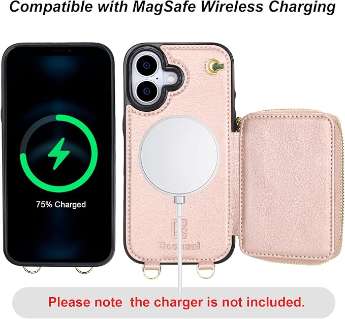 Bocasal for MagSafe Crossbody Wallet Case Compatible with iPhone 17, RFID Blocking Protective Purse Case with Card Slots Holder Kickstand Wrist Strap Lanyard Zipper 6.3 Inch 5G (Rose Gold)