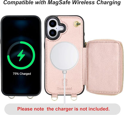 Bocasal for MagSafe Crossbody Wallet Case Compatible with iPhone 17, RFID Blocking Protective Purse Case with Card Slots Holder Kickstand Wrist Strap Lanyard Zipper 6.3 Inch 5G (Rose Gold)