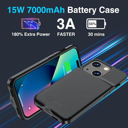 GIN FOXI Battery Case for iPhone 15 Pro/15, Rechargeable Case 15W Fast Charging Charger Real 7000mAh Ultra-Slim Anti-Fall Protection Extended Charger for iPhone 15 &15 Pro Black