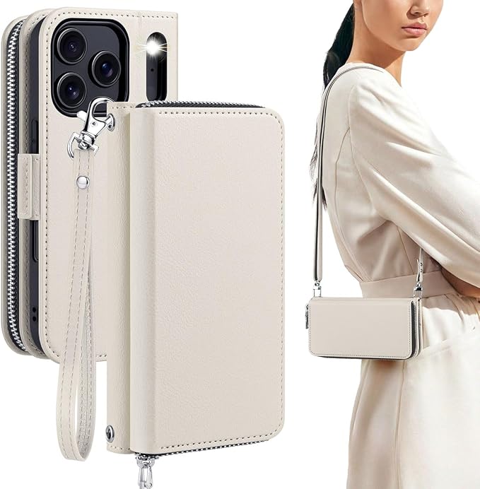 OCASE for iPhone 17 Pro Crossbody Wallet Case - Stylish PU Leather Handbag Phone Purse with Zipper Closure, Card Slots & RFID Blocking - Wrist Strap, Lanyard, Kickstand - Cream