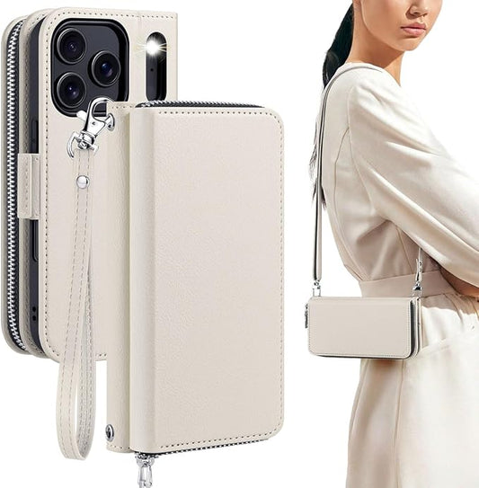 OCASE for iPhone 17 Pro Crossbody Wallet Case - Stylish PU Leather Handbag Phone Purse with Zipper Closure, Card Slots & RFID Blocking - Wrist Strap, Lanyard, Kickstand - Cream