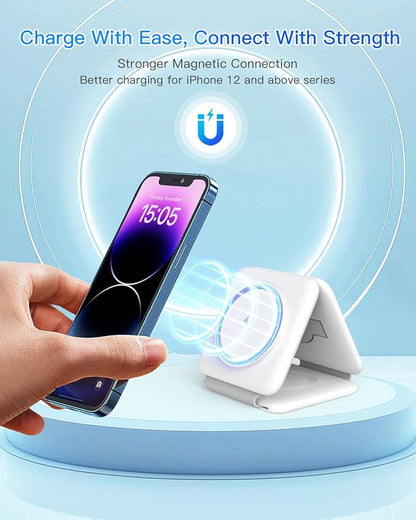 Charging Station for Apple Multiple Devices - 3 in 1 Foldable Magnetic Wireless Charger Dock - Travel Charging Pad for iPhone 16 15 14 13 12 Pro Max Plus Watch & Airpods