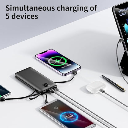 penaover Portable Charger with Built-in Cables&AC Wall Plug,Slim 10000mAh 22.5W Fast Charging Power Bank,5 Output 2 Input USB-C External Battery Pack Compatible with iPhones,Android,Samsung, etc