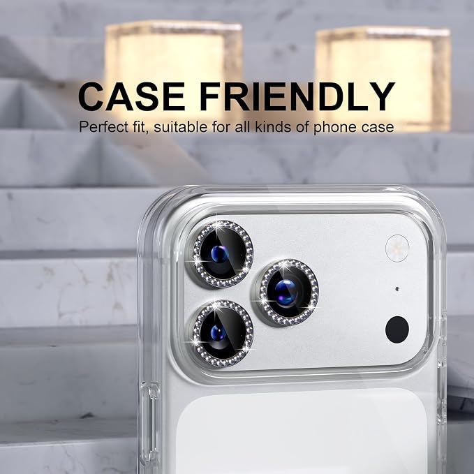 Choiche Compatible for iPhone 17 Pro/iPhone 17 Pro Max Camera Lens Protector Bling, 9H Tempered Glass Camera Cover Screen Protector Metal Ring Decoration Accessories (Diamond-Black)