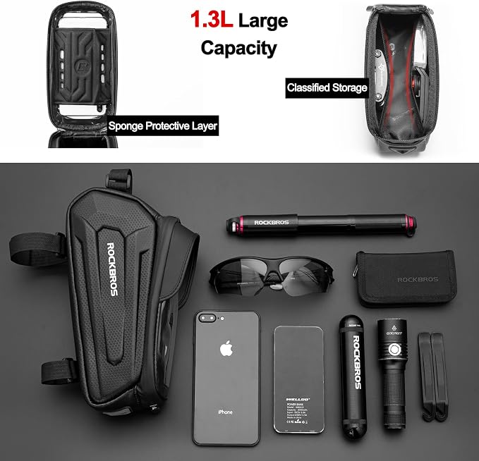 ROCKBROS Bike Phone Mount Racks & Bag, EVA Waterproof Bike Phone Holder Top Tube Front Frame Bag Bicycle Accessories Pouch for Phones Under 6.3” (Black-1.3L)
