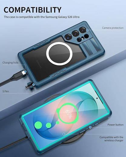 Lanhiem Magnetic for Samsung Galaxy S26 Ultra Case, IP68 Waterproof Dustproof Case, [Compatible with Magsafe] [Built-in Lens & Screen Protector] Full Body Shockproof Rugged Phone Case 6.9 inch, Blue