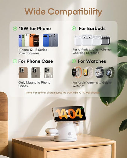 3 in 1 Charging Station for Apple Devices,Qi2 Mag-Safe Charger Stand & Light,Fast Wireless Charging Station for iPhone 17/16/15/14/13/12& AirPods & iWatch &Pixel 10 & Samsung Galaxy Watch(30W Adapter)