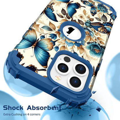 Hocase for iPhone 15 Pro Max Case, Heavy Duty Shockproof Protection Soft Silicone Rubber Bumper+Hard Plastic Hybrid Protective Case for iPhone 15 Pro Max 6.7" 2023 - Blue Butterflies