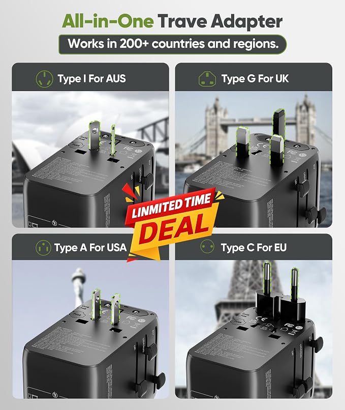 70W GaN Universal Travel Adapter with Retractable USB-C Cable, Fast Wall Charger for MacBook Pro/Air, Laptops, 6-in-1 International Plug for US/UK/EU/AU (Over 200 Countries)