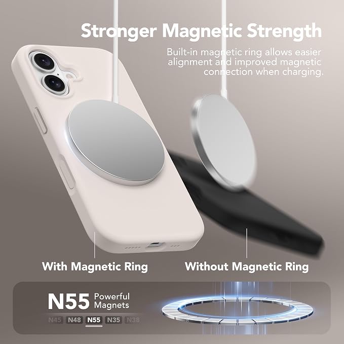 GONEZ Magnetic for iPhone 16 Case, Compatible with MagSafe, [Screen Protector + Camera Lens Protector], Liquid Silicone Shockproof Protective Phone Case for iPhone 16 6.1", Stone