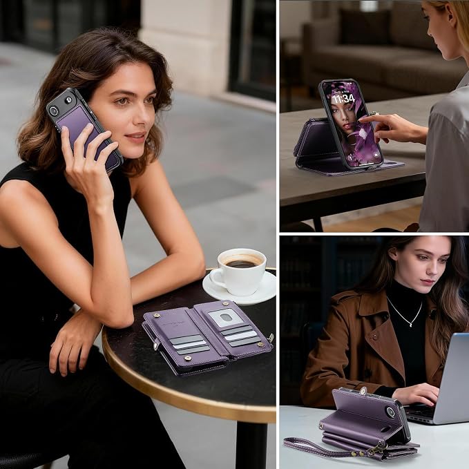 Strapurs for iPhone Air Detachable Wallet Case Compatible with Magsafe for Women, RFID Blocking 9-Card Holder Zipper Strap Lanyard PU Leather Magnetic Phone Case for iPhone 17 Air 6.5", Purple