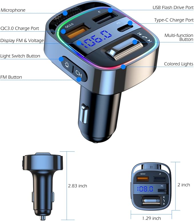 LIHAN Bluetooth 5.4 Car Adapter for Older Cars, 54W PD Fast Charging FM Transmitter, Handsfree Call, Crystal Clear GPS & Music Receiver, Supports USB Drive .wav .flac, Compatible with iPhone & Trucks