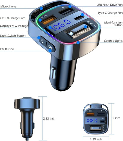 LIHAN Bluetooth 5.4 Car Adapter for Older Cars, 54W PD Fast Charging FM Transmitter, Handsfree Call, Crystal Clear GPS & Music Receiver, Supports USB Drive .wav .flac, Compatible with iPhone & Trucks