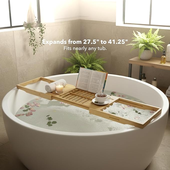 OVENTE Bathtub Tray Caddy, Expandable Bamboo Bath Tray Table, Wooden Tub Board with Books, Tablets, Phone and Wine Glass Holder, Bathroom Accessories and Home Spa Essentials, Wood BTC20228