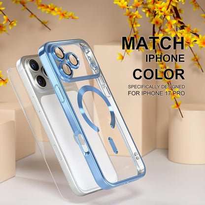 Misea Magnetic for iPhone 17 Pro Case Compatible with MagSafe [Never Yellowing] [Military Grade Drop Protection] Full Camera Lens Protector Plating Soft Clear Phone Case for Women, Sky Blue
