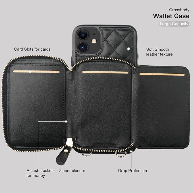 Bocasal Crossbody Wallet Case for iPhone 11, RFID Blocking PU Leather Zipper Handbag Purse Flip Cover, Kickstand Folio Case with Card Slots Holder Wrist Strap Lanyard 6.1 Inch (Black)