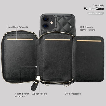 Bocasal Crossbody Wallet Case for iPhone 11, RFID Blocking PU Leather Zipper Handbag Purse Flip Cover, Kickstand Folio Case with Card Slots Holder Wrist Strap Lanyard 6.1 Inch (Black)