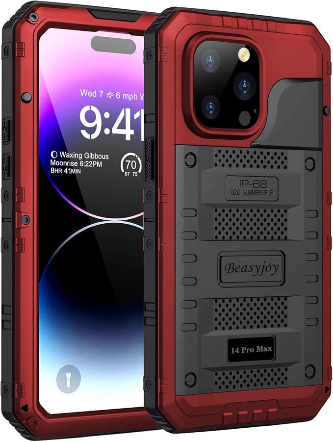 Beasyjoy for iPhone 14 Pro Max Waterproof Case, Metal Heavy Duty Case with Built-in Screen Protector, Full Body Protective Military Grade Shockproof Dustproof Defender Rugged Case 6.7 Inch, Red