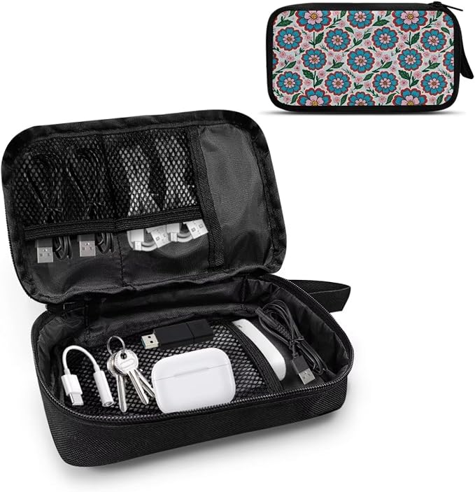 Blue Flowers Electronics Case Portable Electronic Accessories Carry Case Tech Pouch for Cable Cord Charger Phone Earphone Power Bank SD Card Travel Use