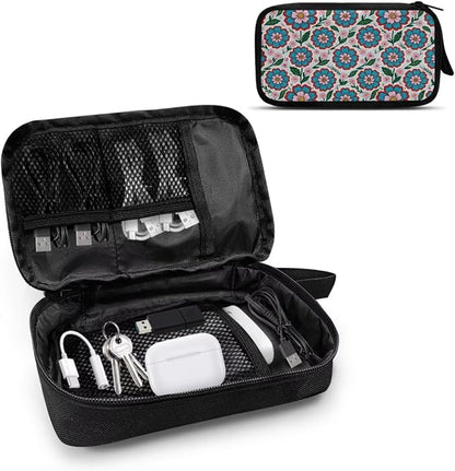 Blue Flowers Electronics Case Portable Electronic Accessories Carry Case Tech Pouch for Cable Cord Charger Phone Earphone Power Bank SD Card Travel Use