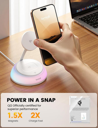 Lamicall 4-in-1 Qi2 Certified Wireless Charging Station for Magsafe, [LED Night Light] 15W Fast Magnetic Charger Stand Gifts, Compatible for iPhone 17 16 15 14 13 Series, Watch, Air pods, 30W Adapter