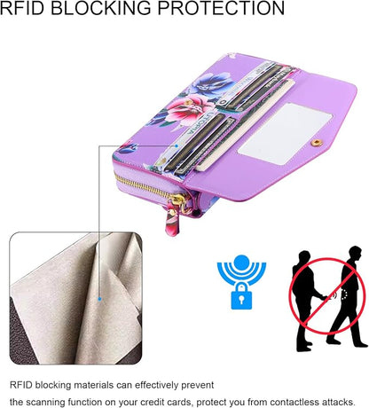 Crossbody Wallet Case for iPhone 16 Pro Max, Magnetic Detachable Floral PU Leather Phone Case with RFID Blocking Card Holder Wristlet Mirror Flip Zipper Shoulder Purse for Wome - Purple
