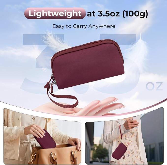 FYY Travel Cable Organizer - 8 Compartments, Lightweight, Water Repellent | With Wrist Strap, Portable Tech Pouch for Cord Charger, Travel and Business Trips Use, Soft Shell Nylon, Wine Red (Small)