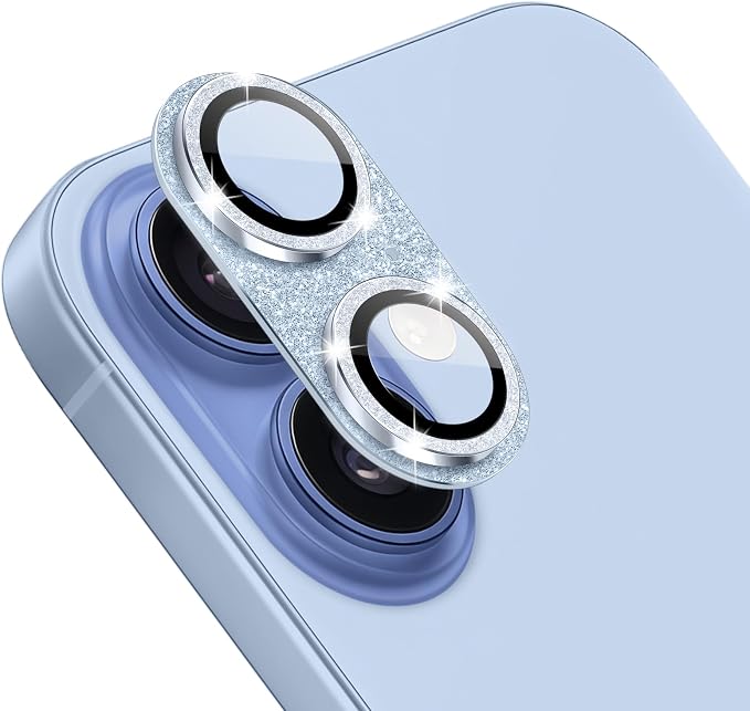 Camera Lens Protector for iPhone 17, Bling Glitter Camera Cover with 9H Tempered Glass Metal Ring, Anti-Scratch Lens Protector for iPhone 17 (Glitter - Blue)