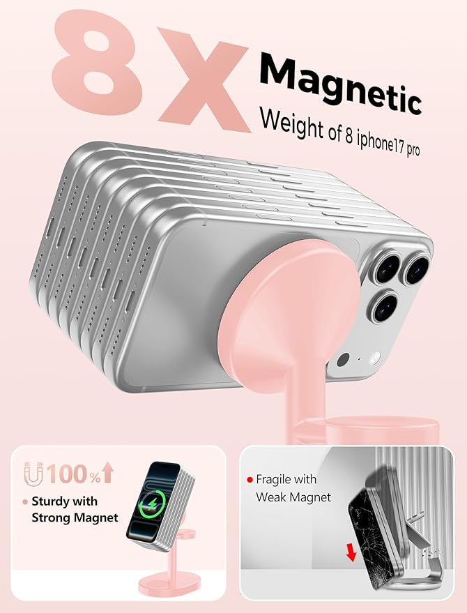2026 3 in 1 Wireless Charging Station for Apple MagSafe Charger, 15W Fast Mag-Safe Charger Stand for iPhone 17 16 15 14 13 12 Apple Watch AirPods Compatible with MagSafe, Pink