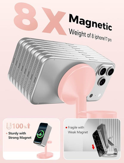 2026 3 in 1 Wireless Charging Station for Apple MagSafe Charger, 15W Fast Mag-Safe Charger Stand for iPhone 17 16 15 14 13 12 Apple Watch AirPods Compatible with MagSafe, Pink
