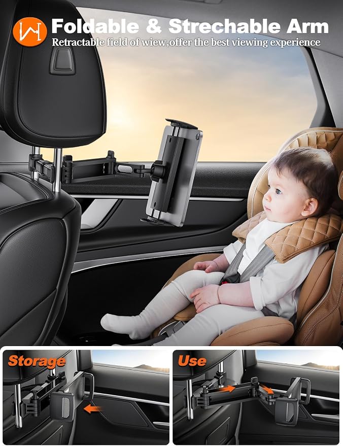 Tryone Car Headrest Tablet Holder Mount Stretchable Backseat Tablets Stand for Kids, Car Seat Mounts Compatible with iPad Pro 12.9 Air Mini, iPhone, Galaxy Tab, Switch, All 4.7-12.9" Screen Devices