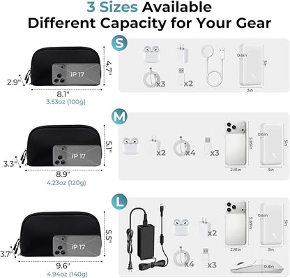 FYY Travel Cable Organizer - 8 Compartments, Lightweight, Water Repellent | With Wrist Strap, Portable Tech Pouch for Cord Charger, Travel and Business Trips Use, Soft Shell Nylon, Black (Large)