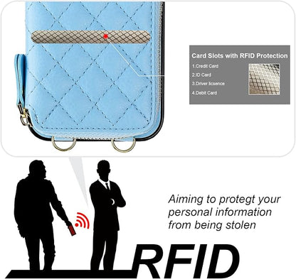 Bocasal Crossbody Wallet Case for iPhone 14, RFID Blocking PU Leather Zipper Handbag Purse Flip Cover, Kickstand Folio Case with Card Slots Holder Wrist Strap Lanyard 5G 6.1 Inch (Blue)