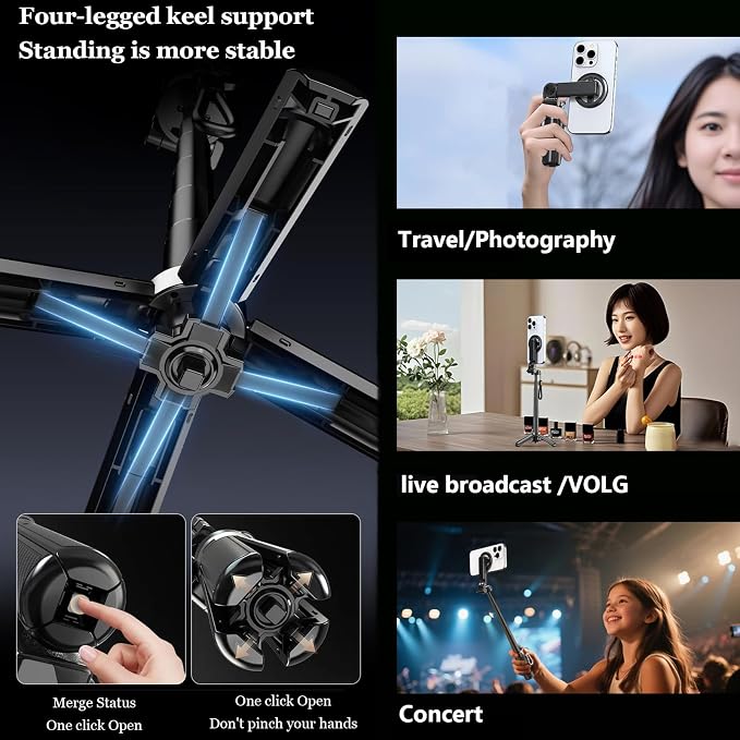 Magnetic Pocket Selfie Stick, 4-in-1 Magnetic Selfie Stick for iPhone with Rechargeable Remote, Portable Extendable Tripod Stand for Home, Travel, Vlogging & Video Recording (Black)