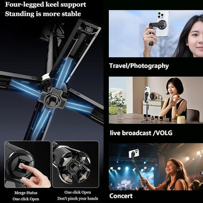 Magnetic Pocket Selfie Stick, 4-in-1 Magnetic Selfie Stick for iPhone with Rechargeable Remote, Portable Extendable Tripod Stand for Home, Travel, Vlogging & Video Recording (Black)