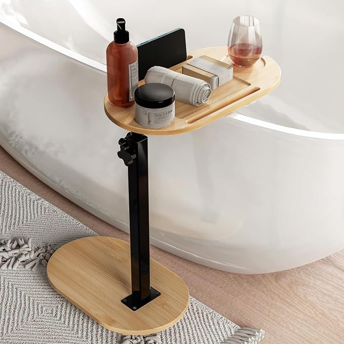 Yumkfoi Bamboo Bathtub Tray Table with Adjustable Height, Freestanding Bath Caddy Tray for Tub Against Wall, Bathtub Side Table for Luxury Bath Home Spa Homewarming - Patent Protected (Natural)