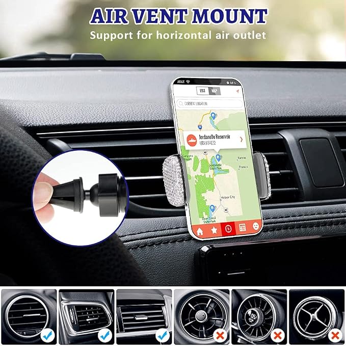 Dashboard Phone Holder Bling Phone Mount for Car,Car phone holder Mount with One More Air Vent Base,Phone Holder Car Accessories,Universal Car Phone Holder Mount for Windshield and Air Vent,Silver