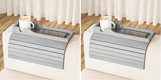 SpaceAid Bamboo Couch Cup Holder, Anti Falling Foldable Sofa Armrest Tray with Cup Holder, Couch Arm Side Table Organizer for Drink Cup Remote Snacks (Gray) (Pack of 2)