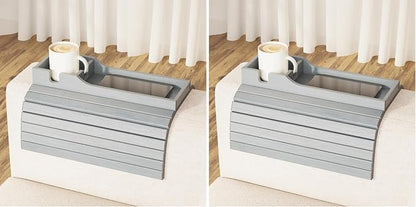 SpaceAid Bamboo Couch Cup Holder, Anti Falling Foldable Sofa Armrest Tray with Cup Holder, Couch Arm Side Table Organizer for Drink Cup Remote Snacks (Gray) (Pack of 2)