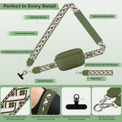 YFWE Clip and Go Strap for Phone with Wallet Crossbody, Adjustable Phone Lanyard with Detachable RFID Wristlet Wallet, Pattern Strap - Olive Green(M)