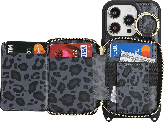 Crossbody Wallet Case for iPhone 14 pro, PU Leather Zipper Handbag Purse Flip Cover, Kickstand Folio Case with Card Slots Holder Wrist Strap Lanyard 5G 6.1 Inch-Black Leopard