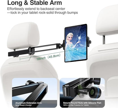 elitehood Headrest Car Tablet Holder - [Long Aluminum Extension Arm] [Ultra-Compact] Foldable iPad Holder for Car Backseat, Road Trip Essentials iPad Back Seat Mount, Tablet Headrest Mount for Kids